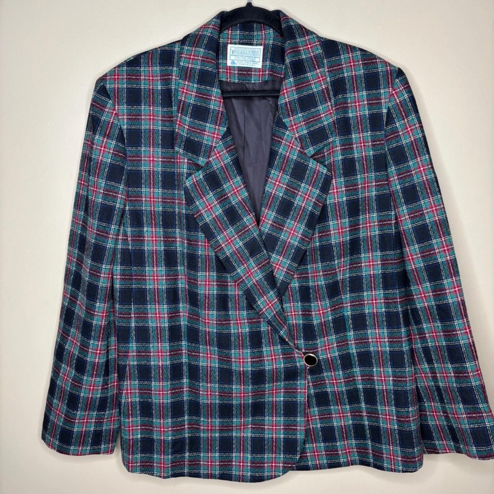 Pendleton Womens 16W Plaid Virgin Wool Blazer Jacket Green Red Vintage USA